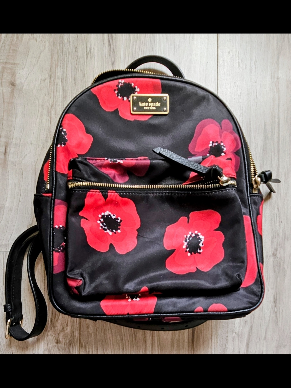 kate spade Black Backpack with Red Floral Print Poppy Design